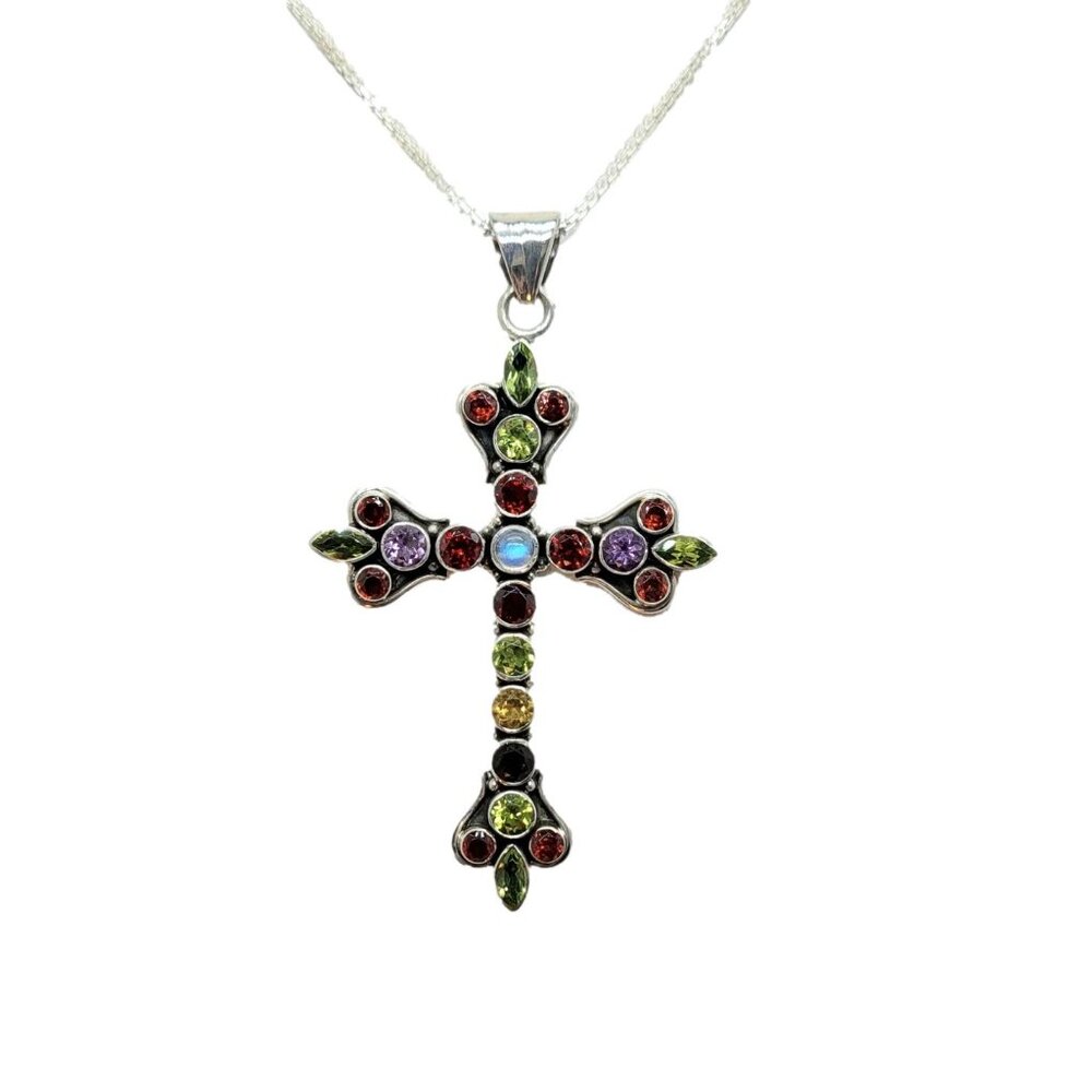 Fleur de Lis Gemstone Cross Pendant with Chain Nicky Butler .925 Sterling Silver